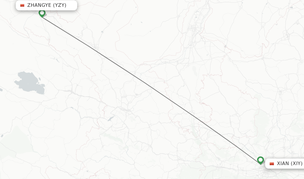 Flights from Zhangye to Xian route map