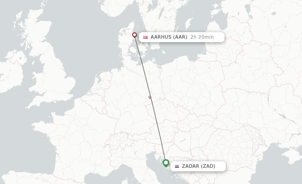 Flights from Zadar to Aarhus route map