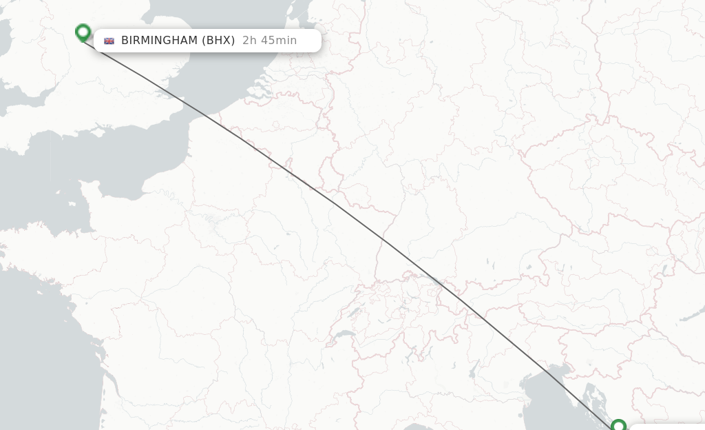 Flights from Zadar to Birmingham route map