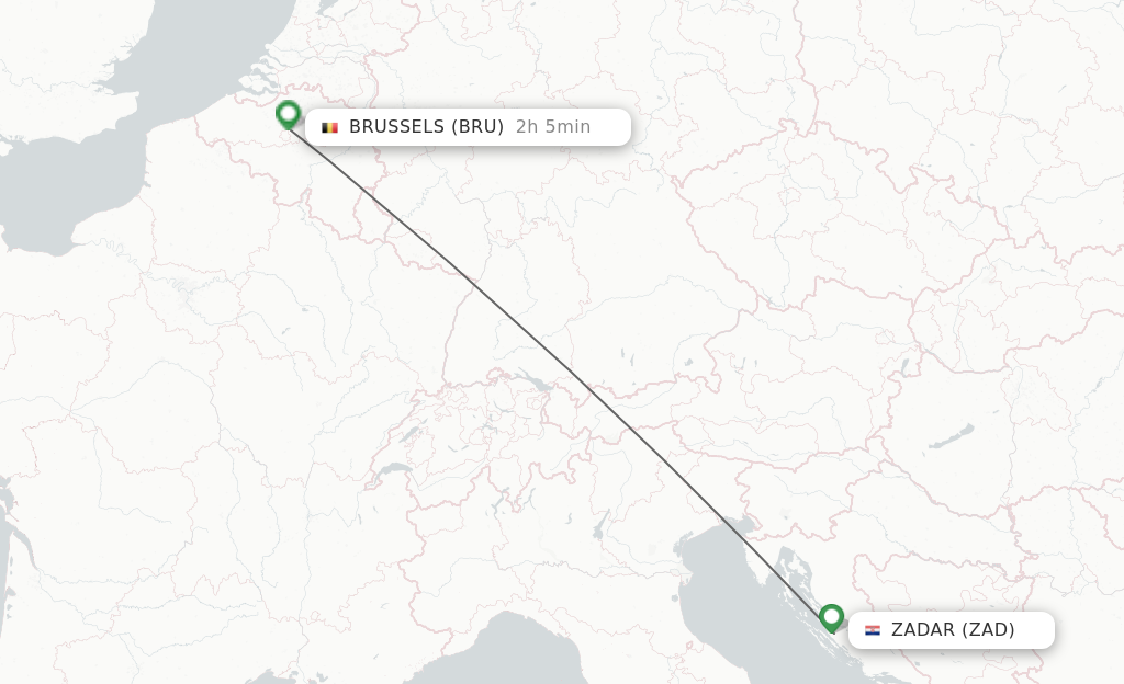 Flights from Zadar to Brussels route map