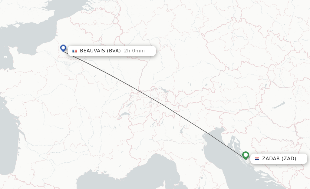 Flights from Zadar to Paris route map