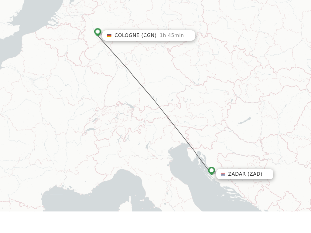 Flights from Zadar to Cologne route map
