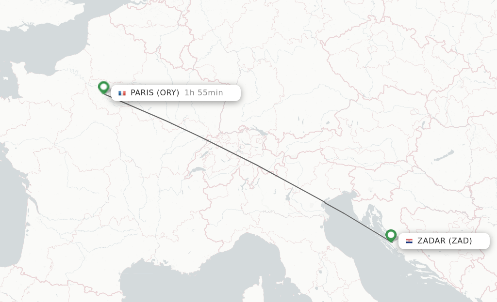 Flights from Zadar to Paris route map