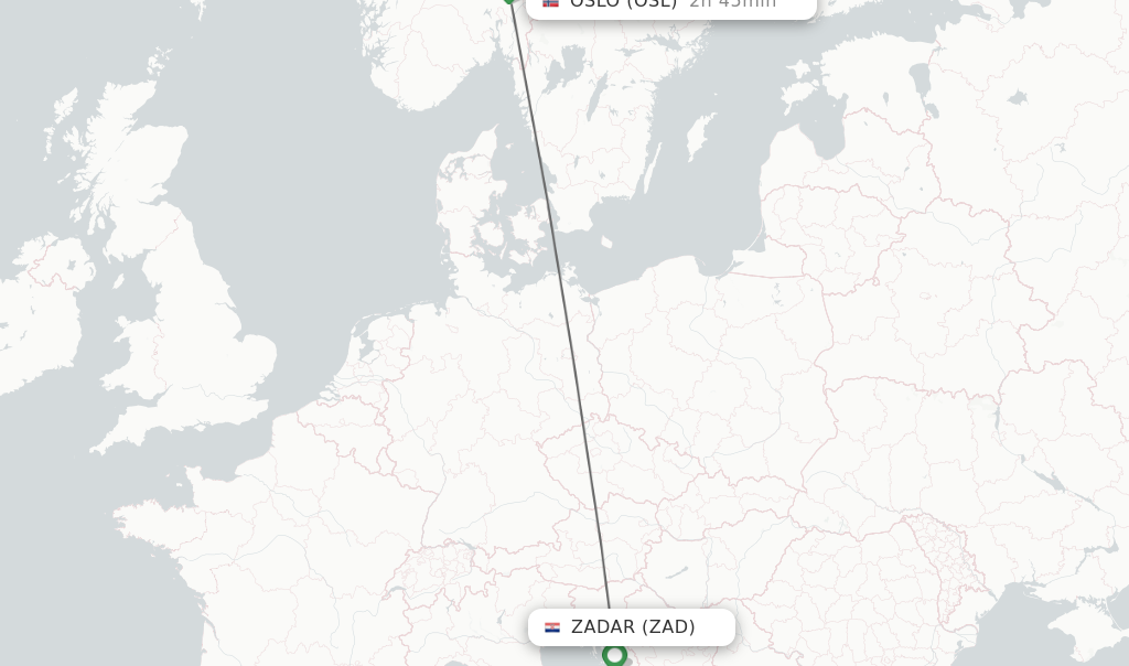 Flights from Zadar to Oslo route map