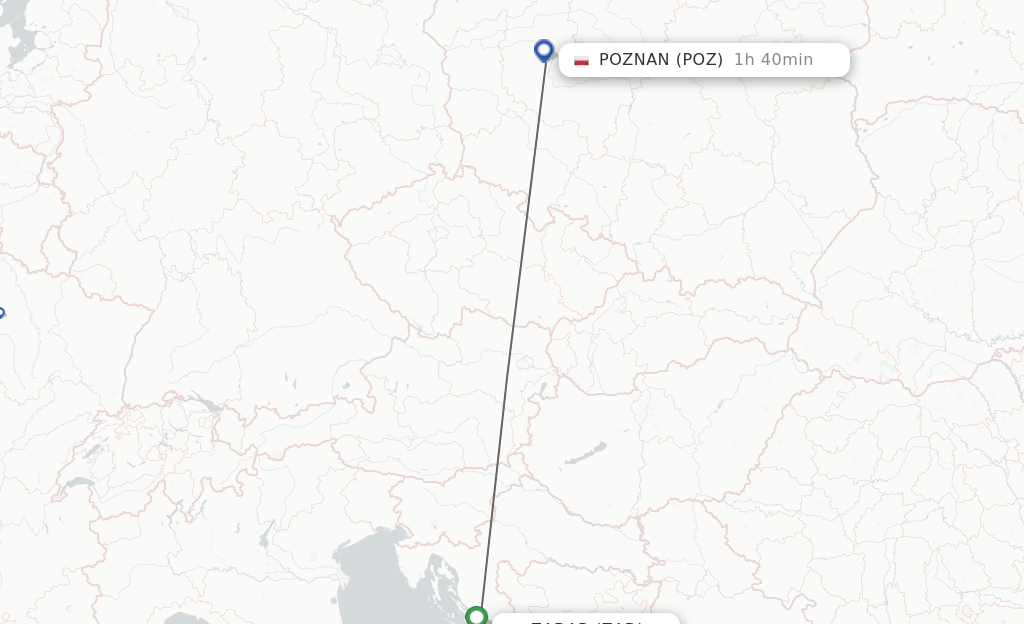 Flights from Zadar to Poznan route map