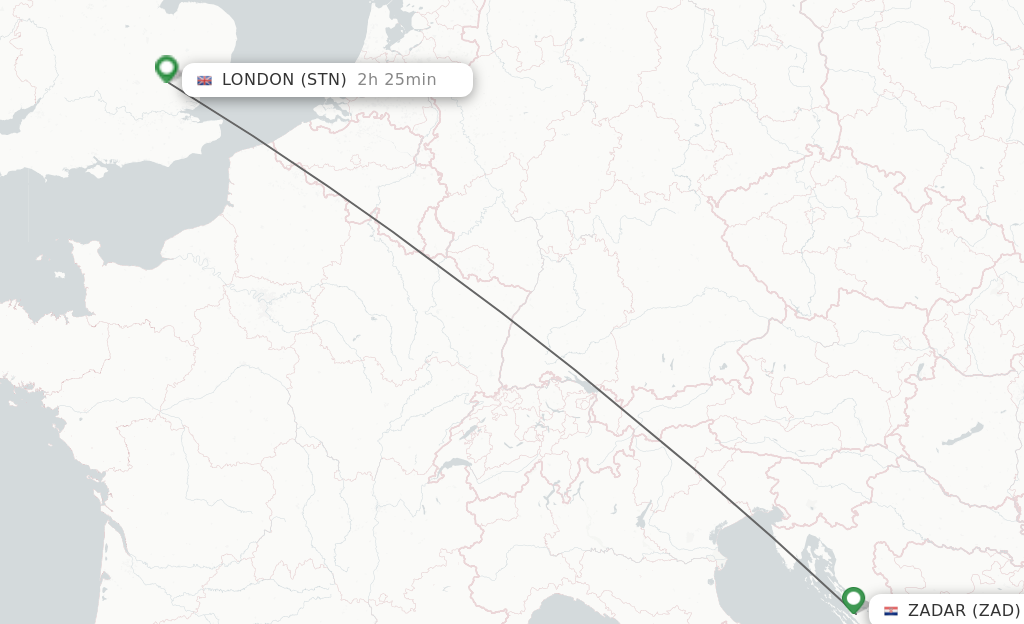 Flights from Zadar to London route map