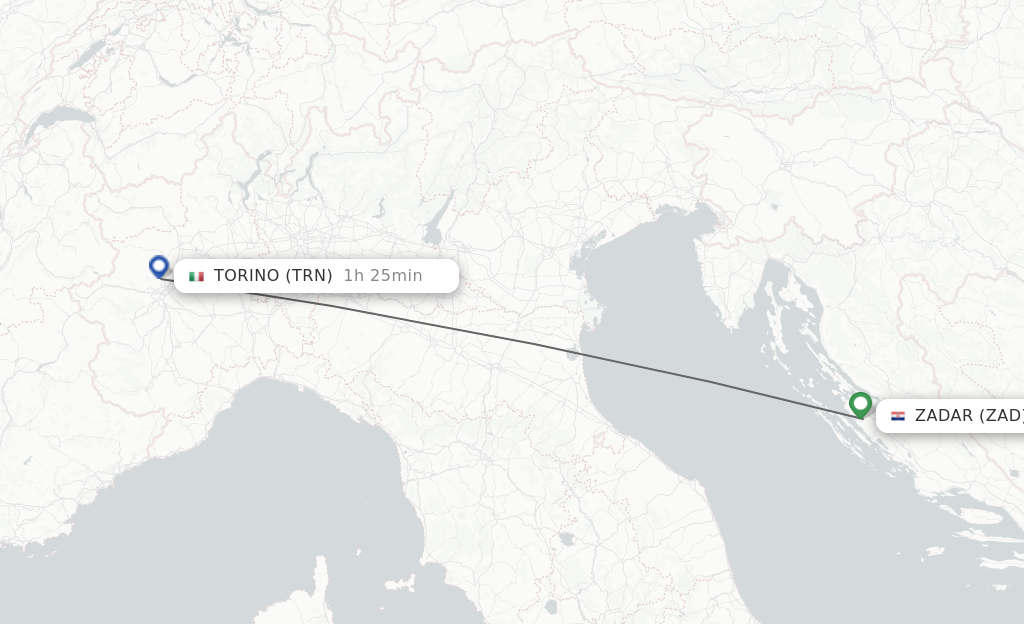 Flights from Zadar to Turin route map