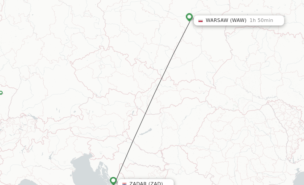 Flights from Zadar to Warsaw route map
