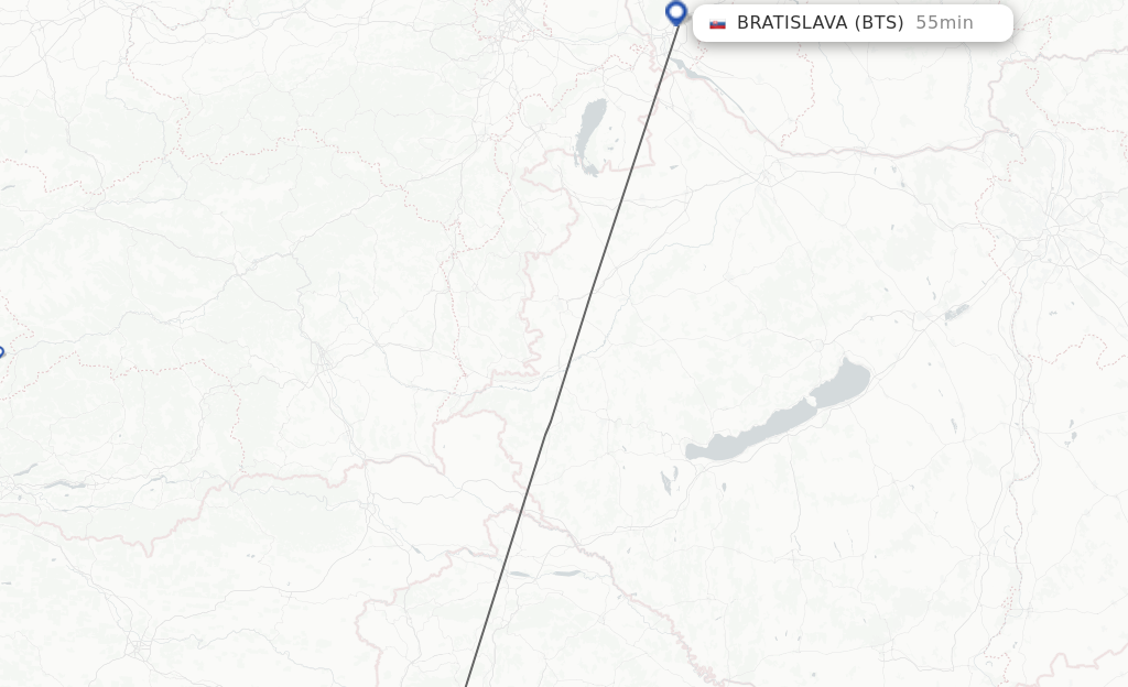 Flights from Zagreb to Bratislava route map
