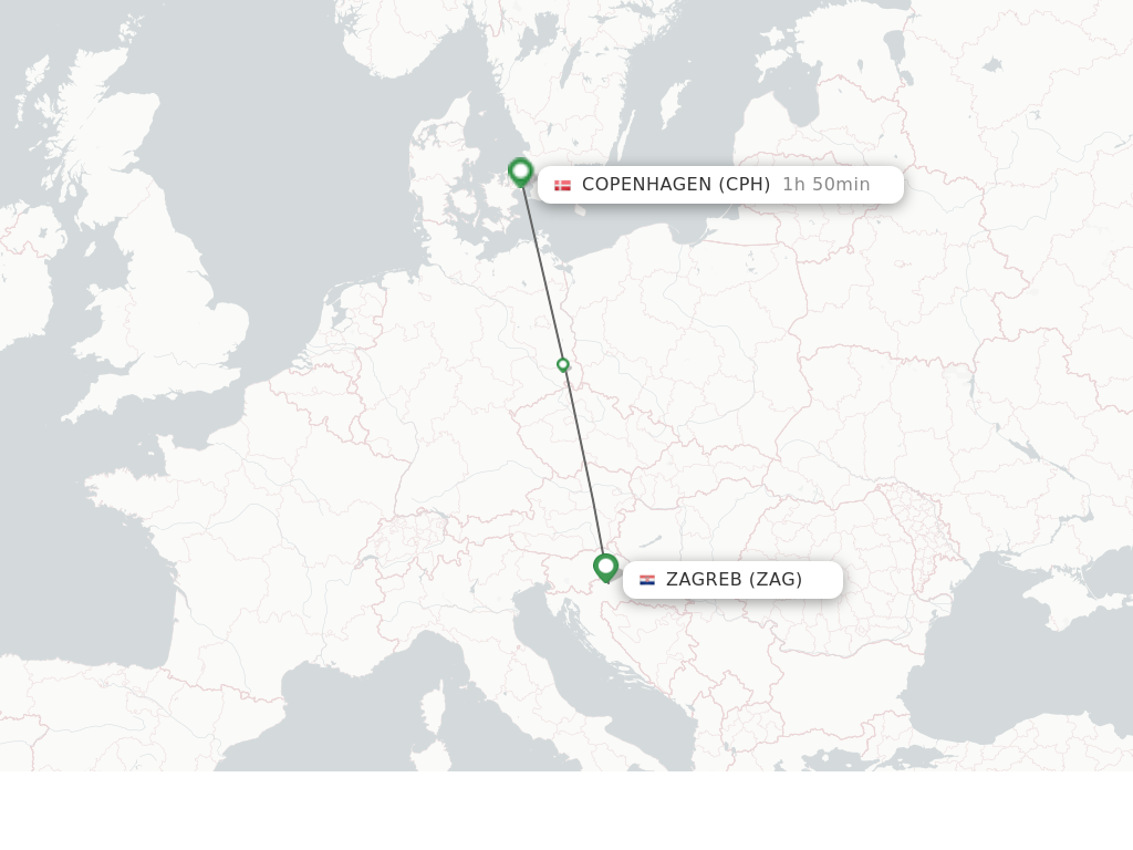 Flights from Zagreb to Copenhagen route map