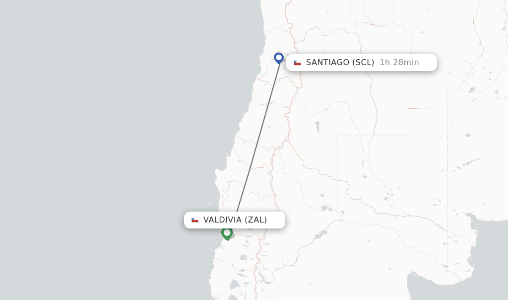 Flights from Valdivia to Santiago route map
