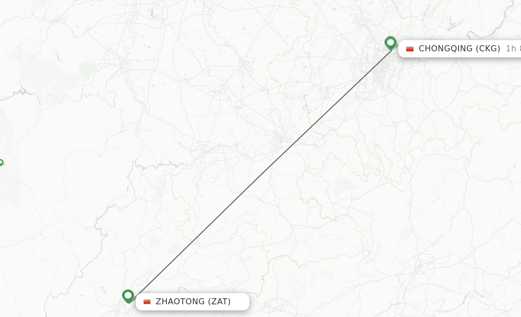 Flights from Zhaotong to Chongqing route map