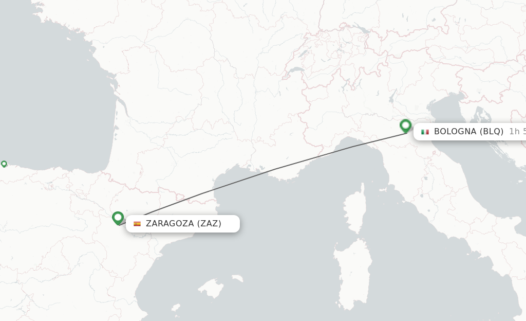 Flights from Zaragoza to Bologna route map