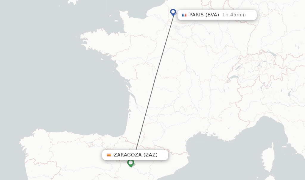 Flights from Zaragoza to Paris route map