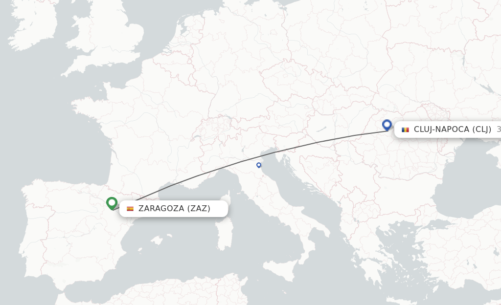 Flights from Zaragoza to Cluj-Napoca route map