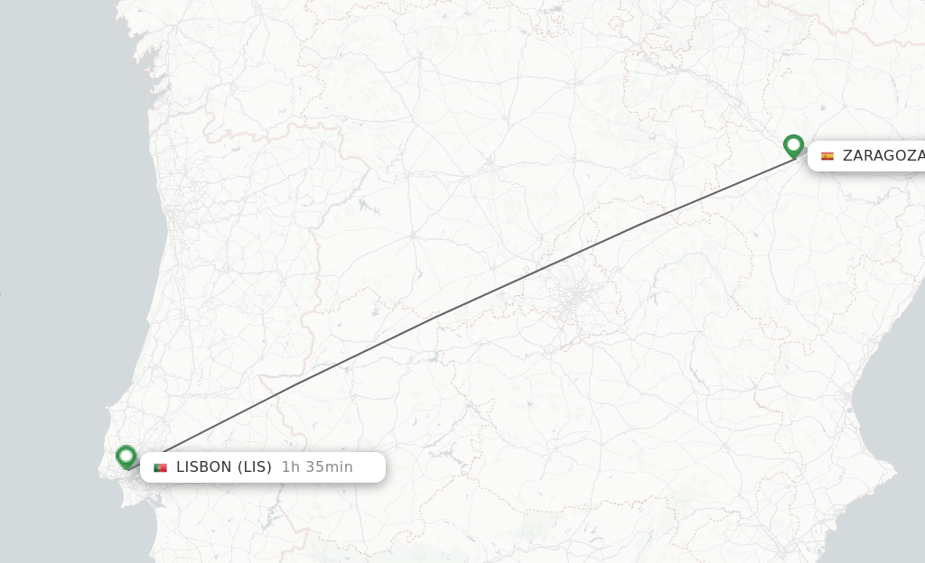 Flights from Zaragoza to Lisbon route map