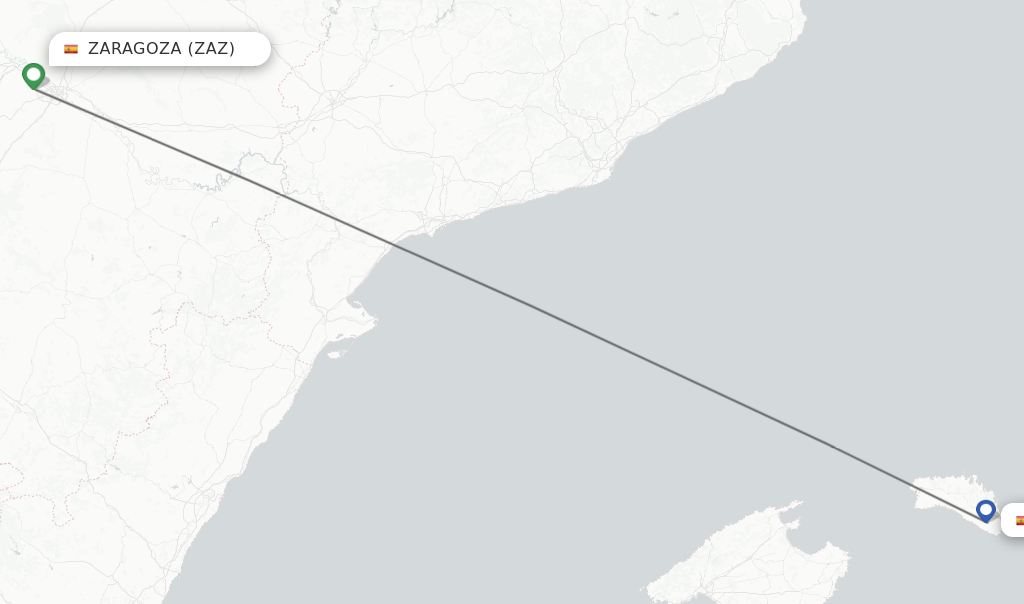 Flights from Zaragoza to Menorca route map