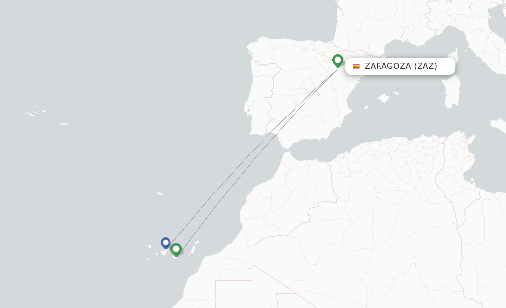 Route map with flights from Zaragoza with Binter Canarias