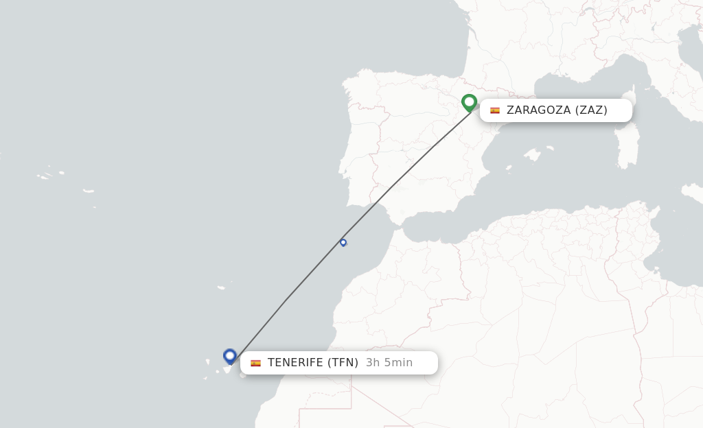 Flights from Zaragoza to Tenerife route map