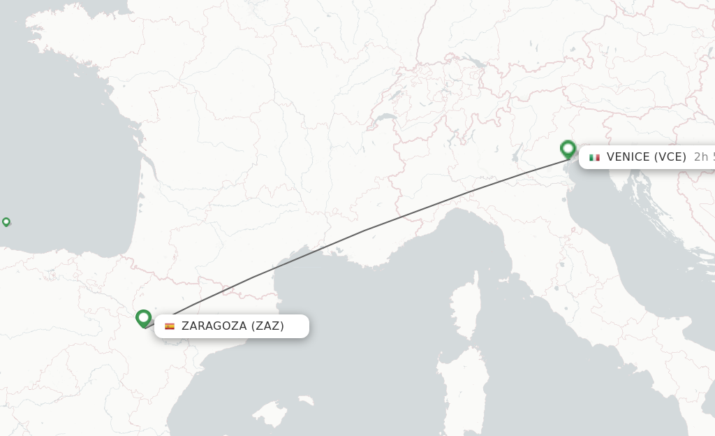 Flights from Zaragoza to Venice route map