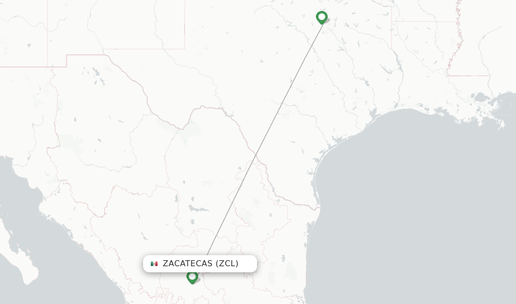 Route map with flights from Zacatecas with American Airlines