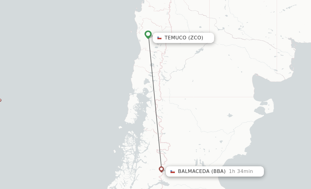 Flights from Temuco to Balmaceda route map