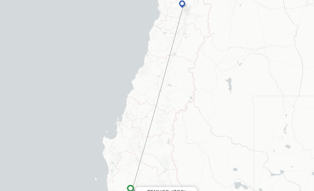 Route map with flights from Temuco with Sky Airline