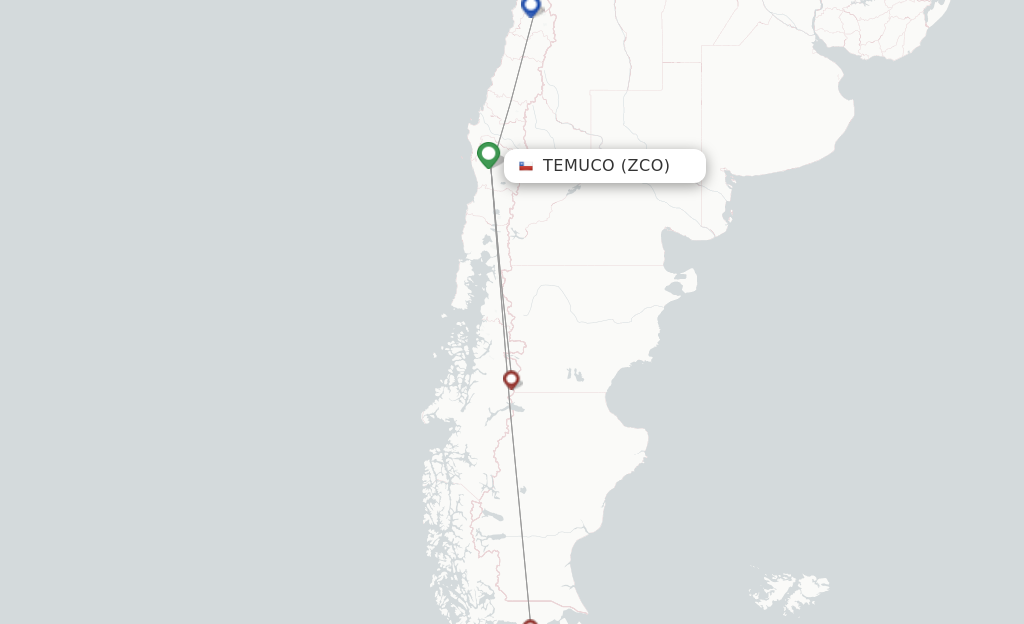 Route map with flights from Temuco with JetSMART