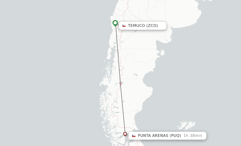 Flights from Temuco to Punta Arenas route map