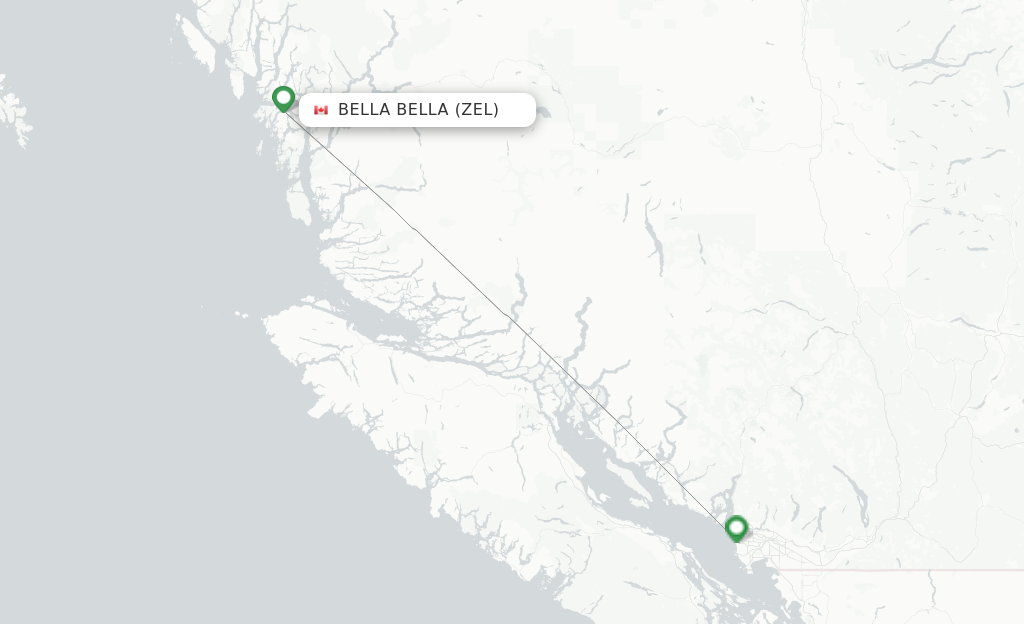 Route map with flights from Bella Bella with Pacific Coastal Airlines