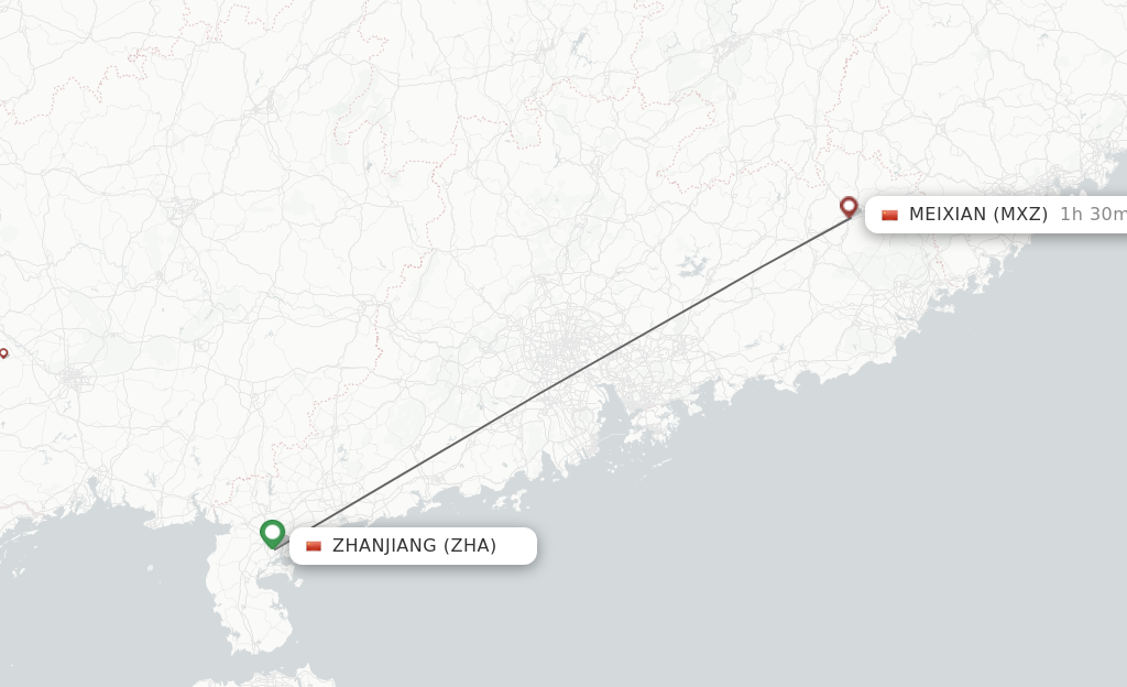 Flights from Zhanjiang to Mei Xian route map