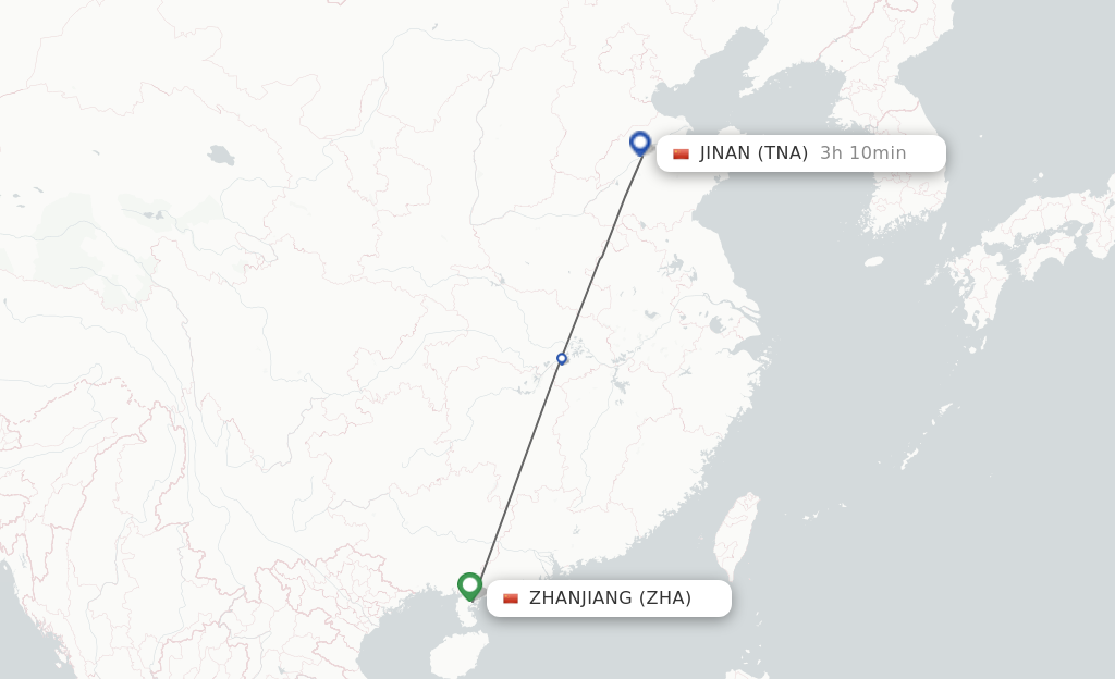 Flights from Zhanjiang to Jinan route map