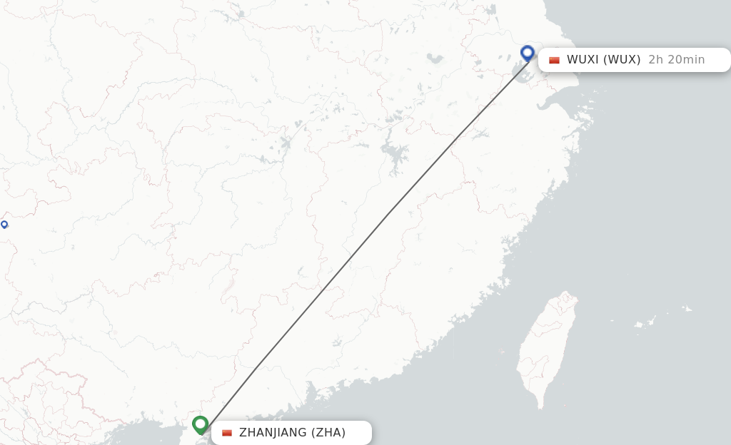 Flights from Zhanjiang to Wuxi route map