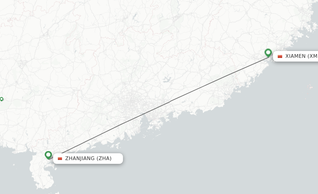 Flights from Xiamen to Zhanjiang route map
