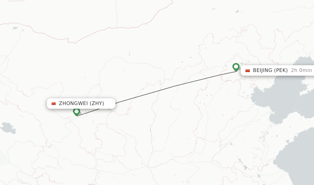 Flights from Zhongwei to Beijing route map