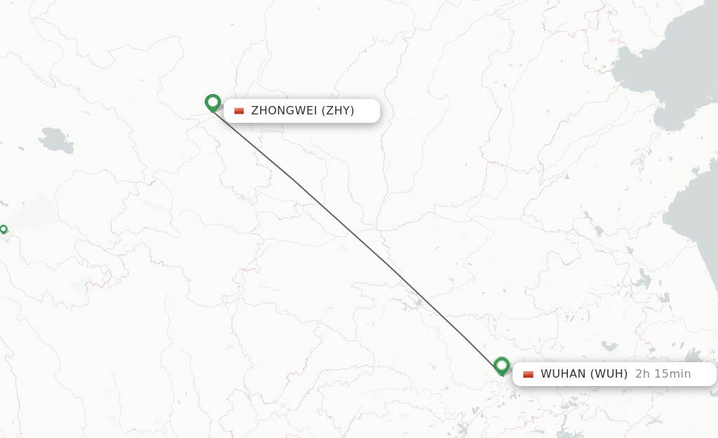 Flights from Zhongwei to Wuhan route map