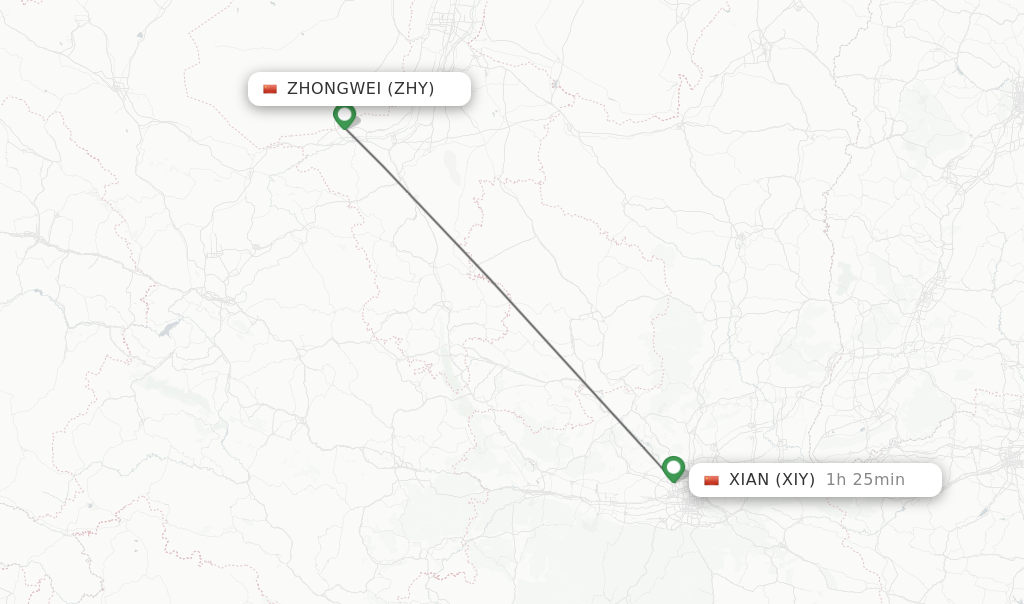 Flights from Zhongwei to Xian route map
