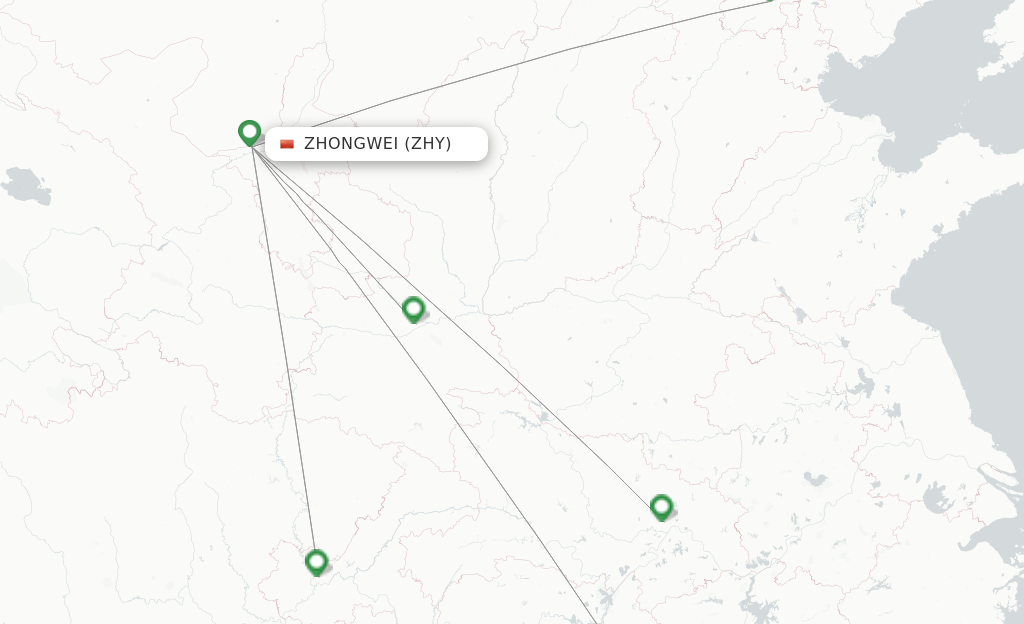 Flights from Zhongwei to Nanjing route map