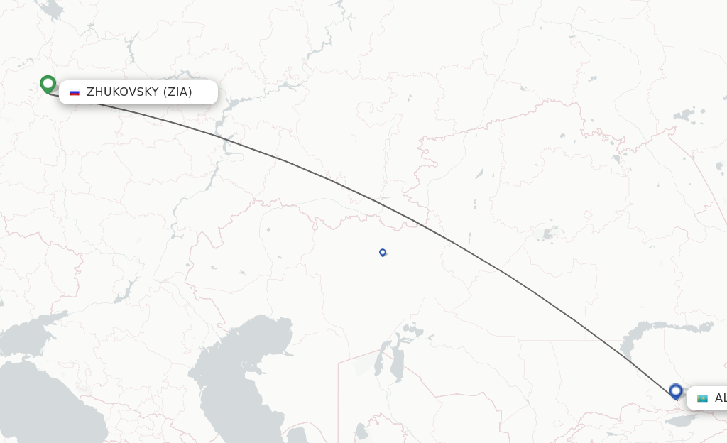 Flights from Zhukovsky to Almaty route map