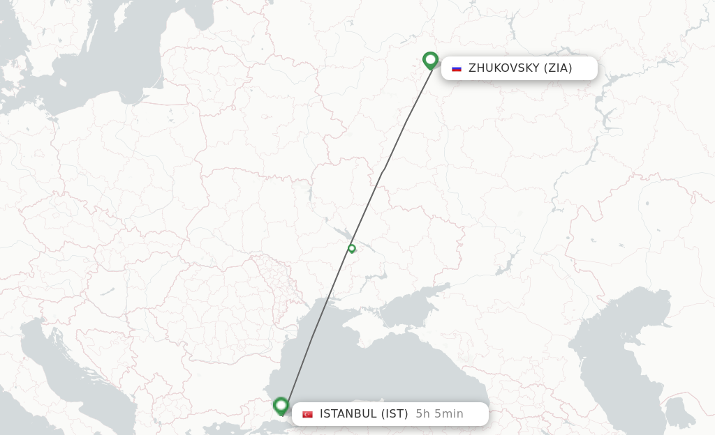 Flights from Zhukovsky to Istanbul route map
