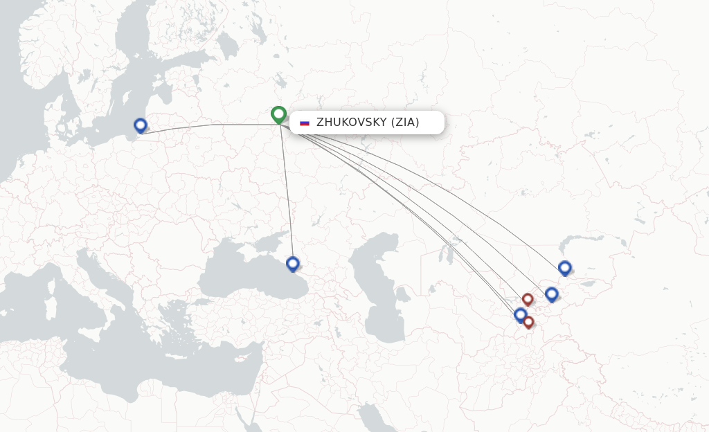 Route map with flights from Zhukovsky with Ural Airlines