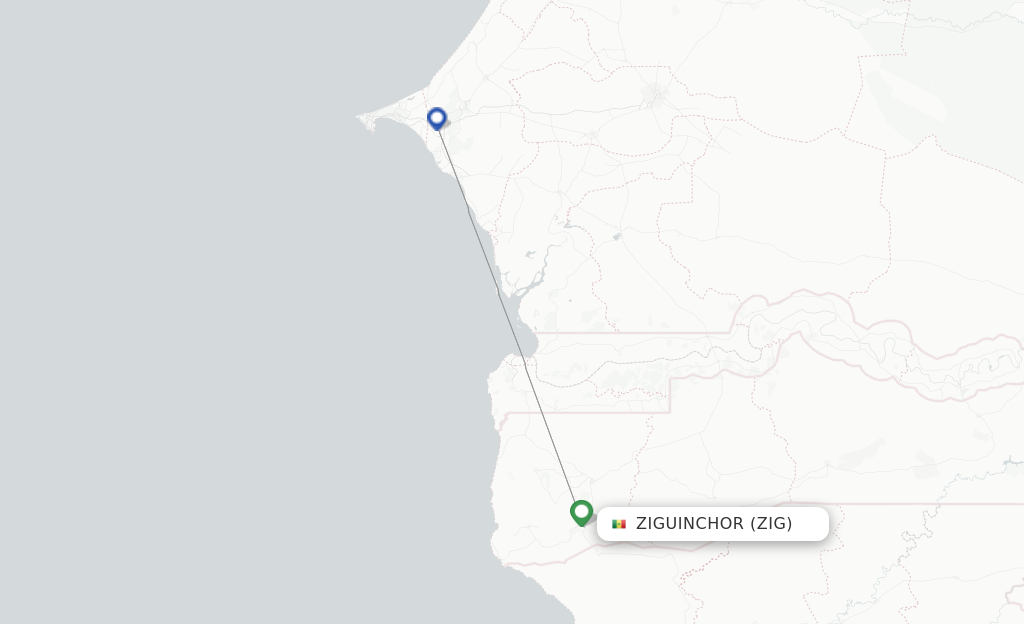 Route map with flights from Ziguinchor with FlexFlight