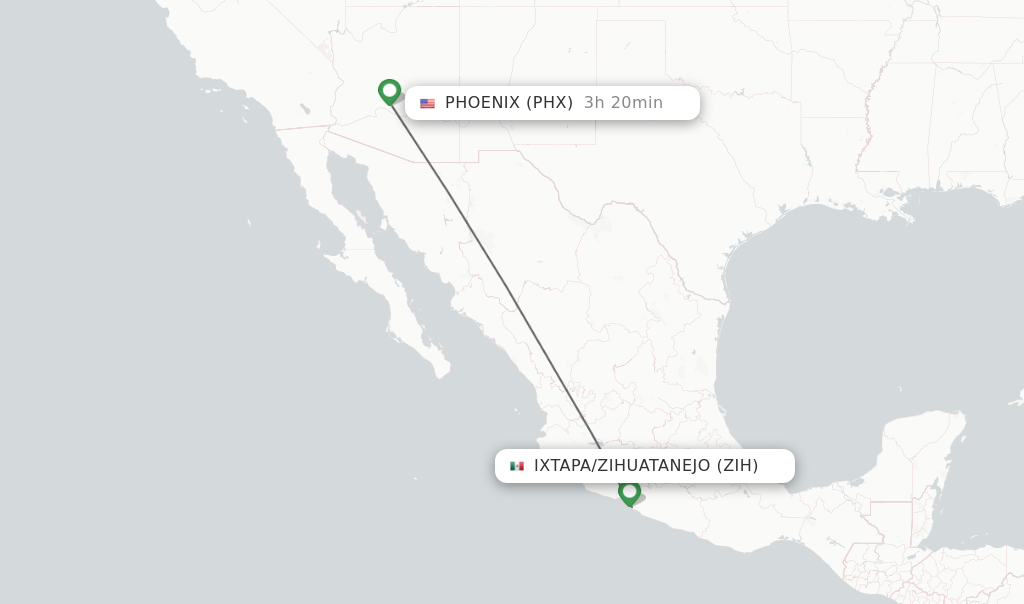 Flights from Ixtapa/Zihuatanejo to Phoenix route map