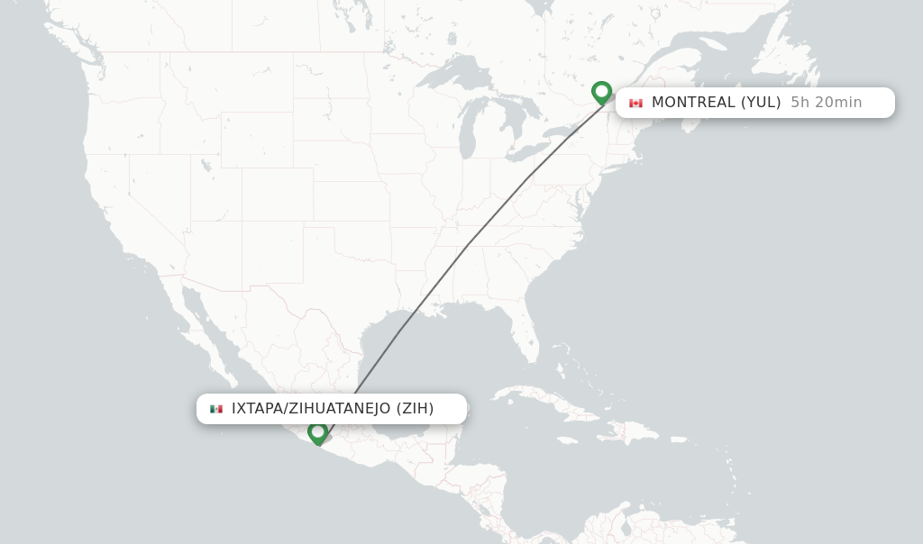 Flights from Ixtapa/Zihuatanejo to Montreal route map
