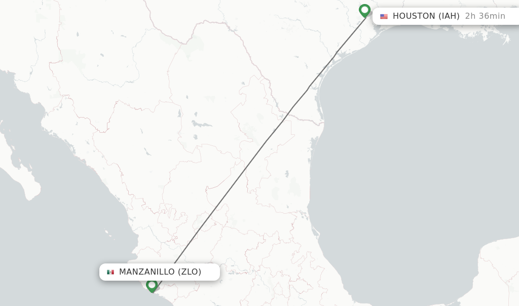Flights from Manzanillo to Houston route map