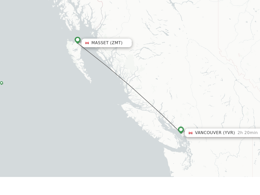 Flights from Masset to Vancouver route map