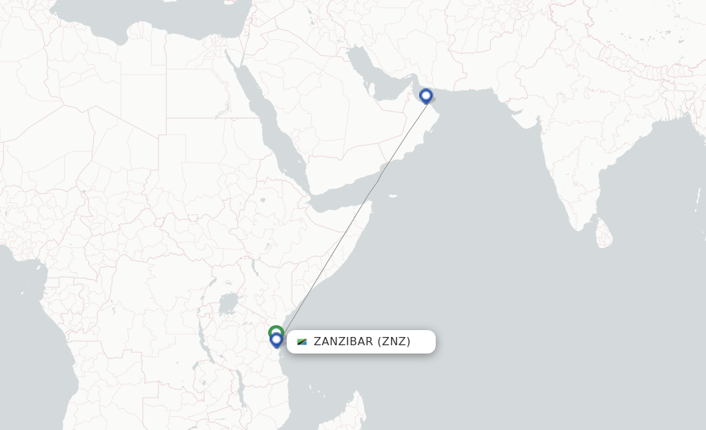 Route map with flights from Zanzibar with Oman Air