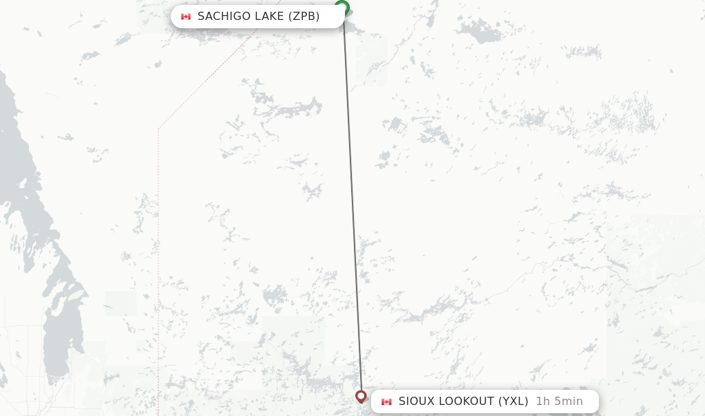Flights from Sachigo Lake to Sioux Lookout route map