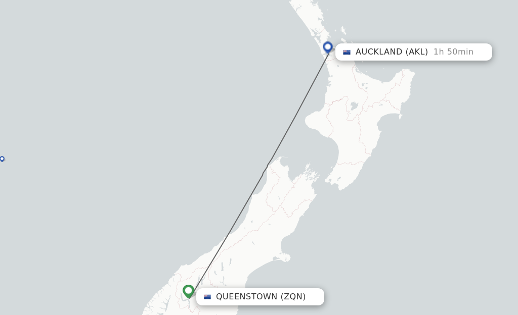 Flights from Queenstown to Auckland route map