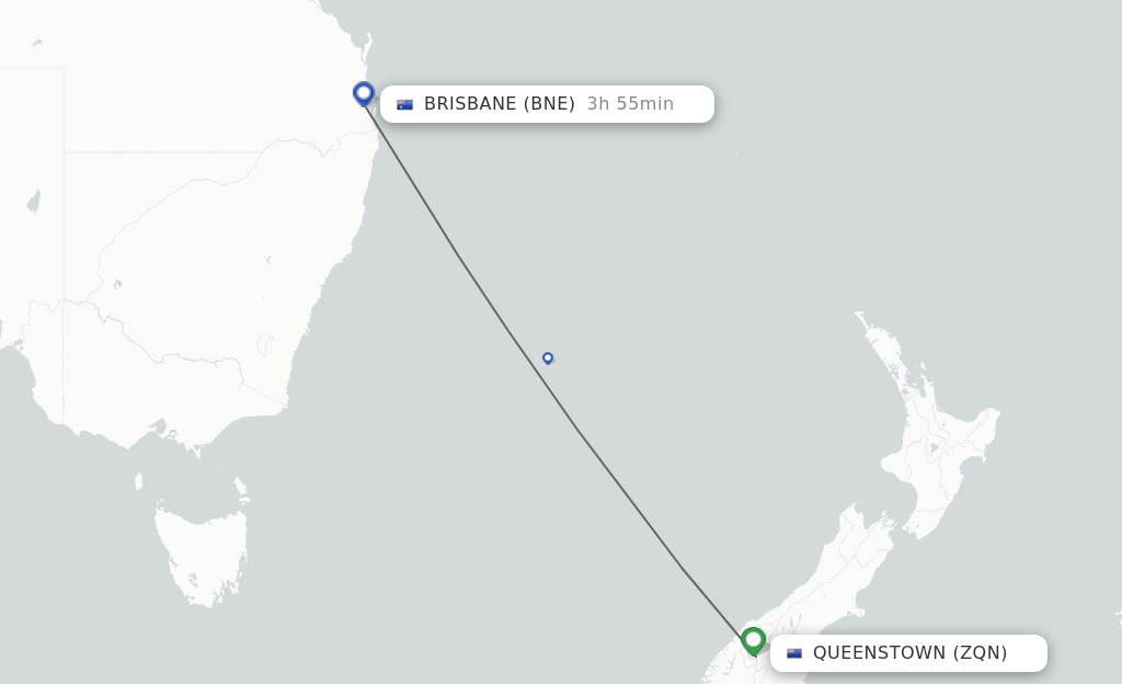 Flights from Queenstown to Brisbane route map